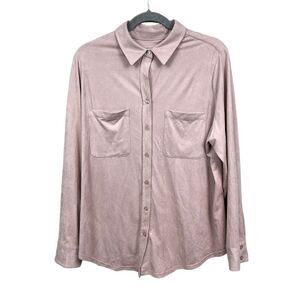 Chico's Womens Blouse Faux Suede Button Up Long Sleeves Pockets Pink Blush Sz 2*